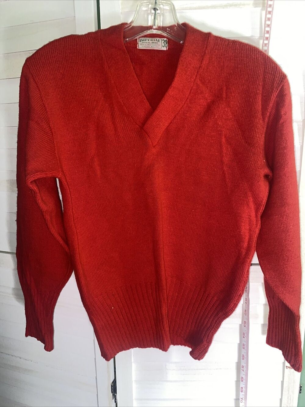 Vintage Imperial Official Award 100% Wool Red V Neck Sweater 38 Made In USA